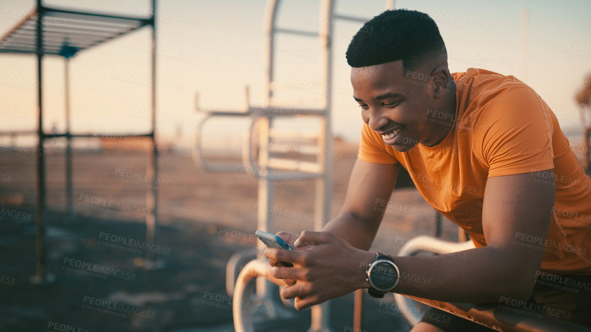 Buy stock photo Fitness, phone and smile with black man in park for workout app, performance tracking and contact. Communication, exercise stats and training guide with person for research, wellness and check