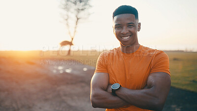 Buy stock photo Portrait, athlete and man with arms crossed, outdoor or break for fitness routine, healthy or flare. Space, runner and black person with smile for marathon, rest and wellness with workout in Nigeria