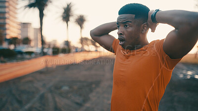 Buy stock photo Tired, athlete and black man for fitness in city from exercise, cardio training and recovery. Exhausted, male person and rest from fatigue, sports workout and burnout from marathon practice at park