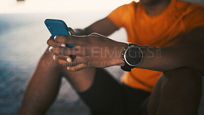 Buy stock photo Exercise break, hands or man with phone outdoor for workout rest, text message or fitness research. Athlete, person and relax with smartphone for browsing social media, training pause or wellness app