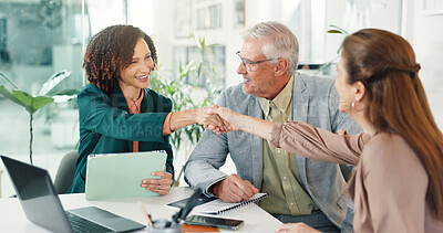 Buy stock photo Office, happy and people in meeting, handshake and gesture for collaboration with publicist or deal. Business, PR specialist and shaking hands with clients, success and agreement for partnership