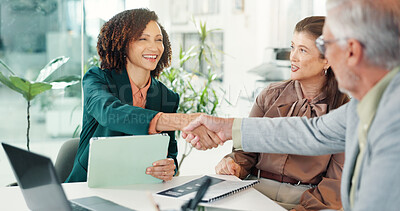 Buy stock photo Office, deal and people in meeting, handshake or happy for collaboration with publicist and gesture. Business, PR specialist and shaking hands with clients, success and agreement for partnership