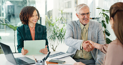 Buy stock photo Office, success and people in meeting, handshake and happy for collaboration with publicist or deal. Business, PR specialist and shaking hands with clients, achievement and agreement for partnership