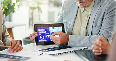 Buy stock photo Discussion, hands and meeting with tablet screen in office for ai or machine learning project. Technology, collaboration and planning with group of people at work for innovation, ML and optimization 