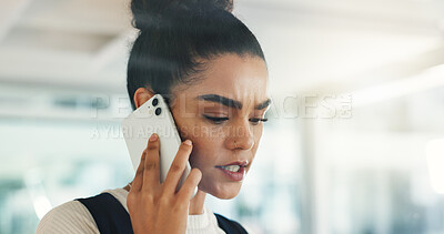 Buy stock photo Annoyed, employee and woman in office, phone call or communication with contact, secretary or upset. Talking, receptionist and person with mobile for conversation, unhappy and listening to complaints