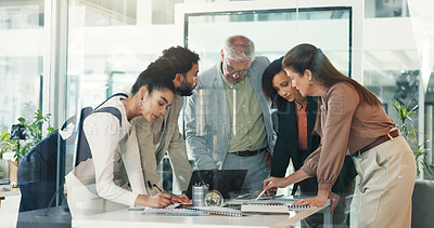 Buy stock photo Discussion, corporate team and meeting with business people in office for analysis or risk management. Budget, collaboration and planning with employee group at work for financial report or research