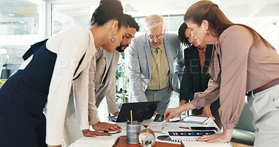 Buy stock photo Discussion, finance team and meeting with business people in office for investment or risk management. Budget, collaboration and planning with employee group at work for financial feedback or graph