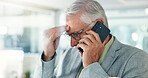 Headache, phone call and stress with business man in office for bad news or deal failure. Annoyed, anxiety and depression with mature employee in workplace for conversation or negotiation mistake