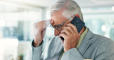 Buy stock photo Headache, phone call and stress with business man in office for bad news or deal failure. Annoyed, anxiety and depression with mature employee in workplace for conversation or negotiation mistake