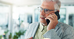 Phone call, CEO and mature man in office, talking and discussion for investment opportunity or chat. Business, entrepreneur and person with mobile for communication, planning and networking with tech