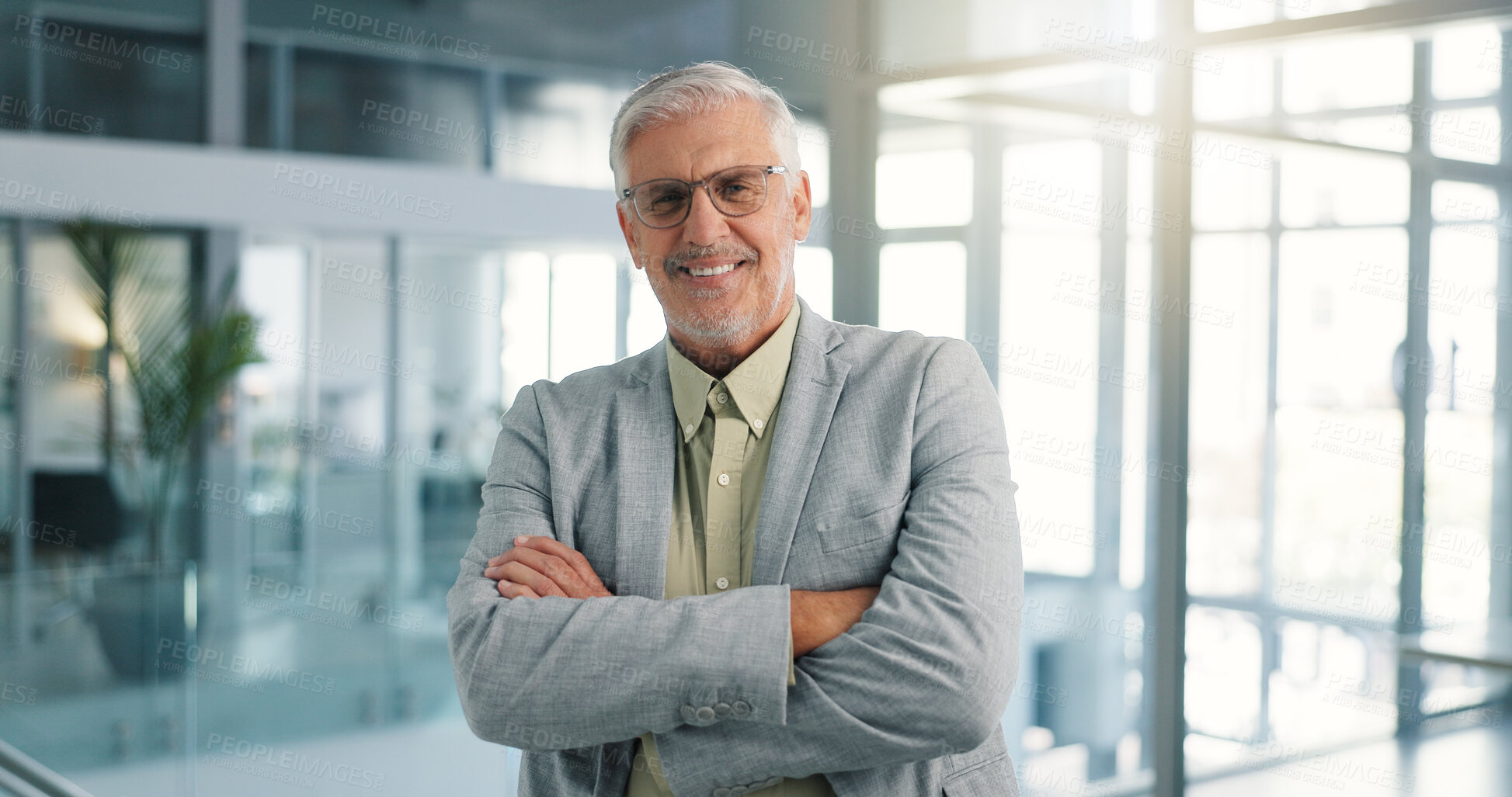 Buy stock photo Business portrait, mature man and smile in office with confidence for finance, career or arms crossed. Happy, financial advisor and pride with growth and expert or corporate professional at workplace