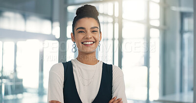 Buy stock photo Business, happy and portrait of woman journalist in office for breaking news, media or storytelling. Agency, journalism and reporting with smile of employee in publishing company as article editor