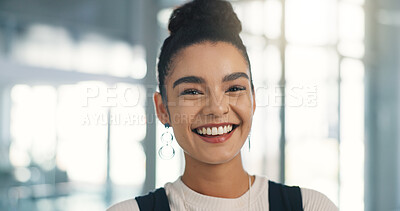 Buy stock photo Agency, portrait and smile of woman journalist in office for breaking news, bokeh or media workplace. Business, journalism and reporting with happy employee in publishing company as article editor