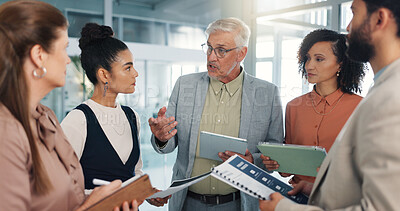 Buy stock photo Businessman, team and tablet with documents at office, meeting and leader with review at media agency. People, group and tech with notes, talk and feedback for project, paperwork or report at company