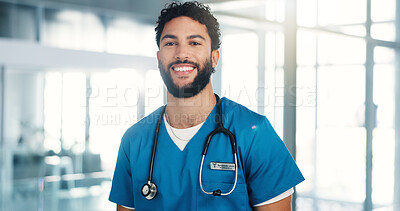 Buy stock photo Nurse, healthcare and man with portrait in clinic for medical service, acute management or about us. Health practitioner, happy person and pride for career integrity and professional help at hospital
