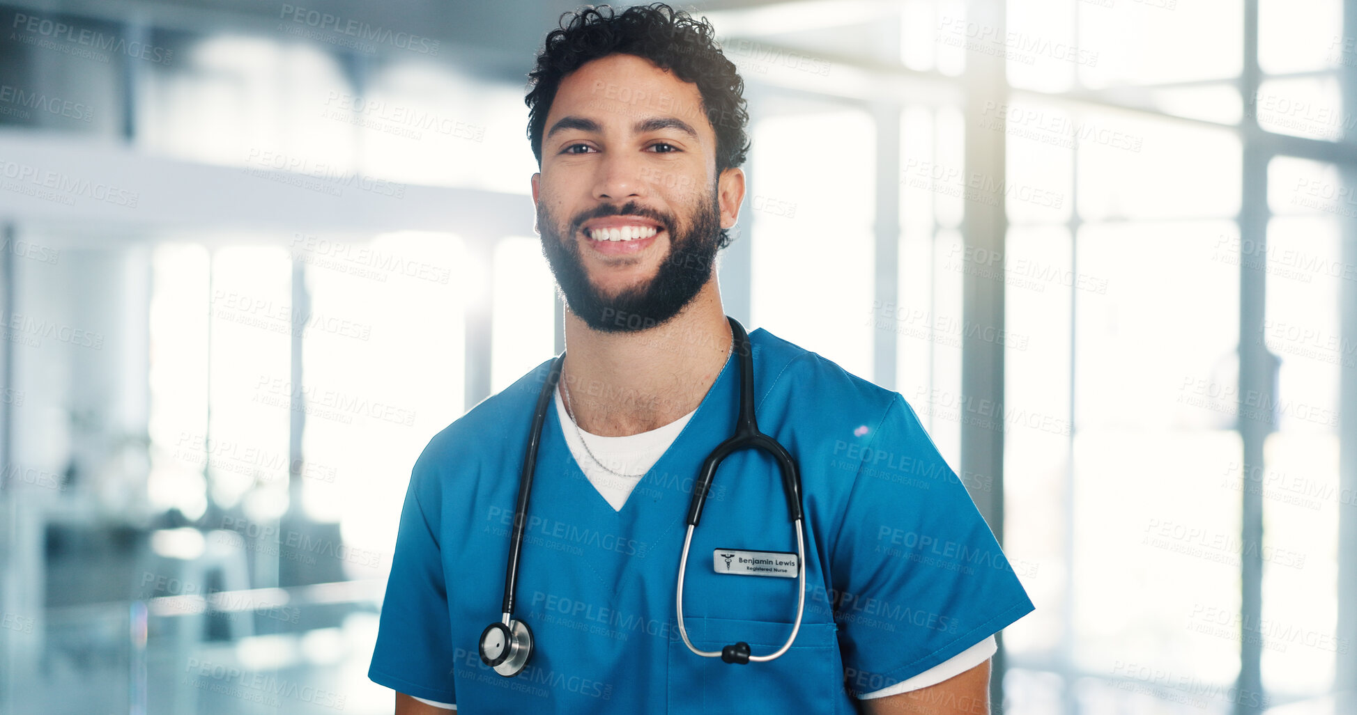 Buy stock photo Nurse, healthcare and man with portrait in clinic for medical service, acute management or about us. Health practitioner, happy person and pride for career integrity and professional help at hospital