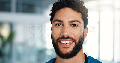 Buy stock photo Portrait, happy man and medical nurse in clinic with professional, confidence and space. Smile, healthcare worker and employee with surgeon, about us and wellness with general practitioner in UAE