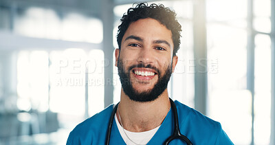 Buy stock photo Man, doctor and happy in portrait at hospital with pride, medical career and service in hallway. Person, surgeon and smile with confidence for healthcare job, wellness or lobby at clinic in Mexico