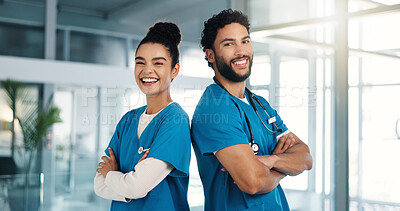 Buy stock photo Arms crossed, medical and portrait of nurse people in hospital for collaboration or support. Healthcare, internship and smile of medicine students in clinic together for professional residency