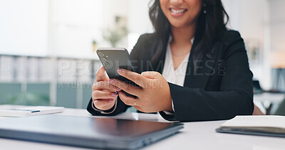 Buy stock photo Business, smartphone and woman in office, smile and financial agency with promotion. Happy person, pc and employee in workplace, cellphone or email with feedback for profit report, bonus or internet