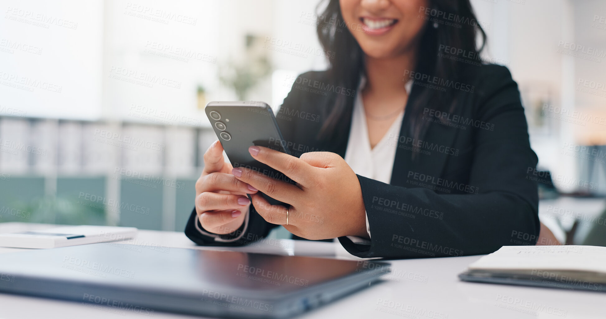 Buy stock photo Business, smartphone and woman in office, smile and financial agency with promotion. Happy person, pc and employee in workplace, cellphone or email with feedback for profit report, bonus or internet