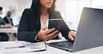 Business, smartphone and woman in office, laptop and financial agency with stock market. Person, pc and employee in workplace, cellphone and email with feedback for profit report, app and connection