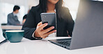 Business, cellphone and woman with laptop, internet and financial agency with budget report. Person, pc and consultant in office, smartphone and email with feedback for profit growth and connection