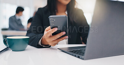 Buy stock photo Business, cellphone and woman with laptop, internet and financial agency with budget report. Person, pc and consultant in office, smartphone and email with feedback for profit growth and connection