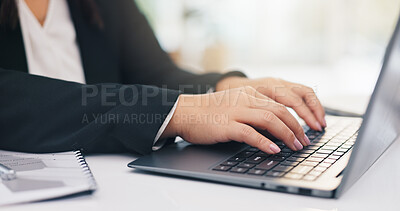 Buy stock photo Hands, employee and typing on laptop for research, finance report or payroll system. Business person, computer and online for financial review, keyboard or corporate planning in accounting office