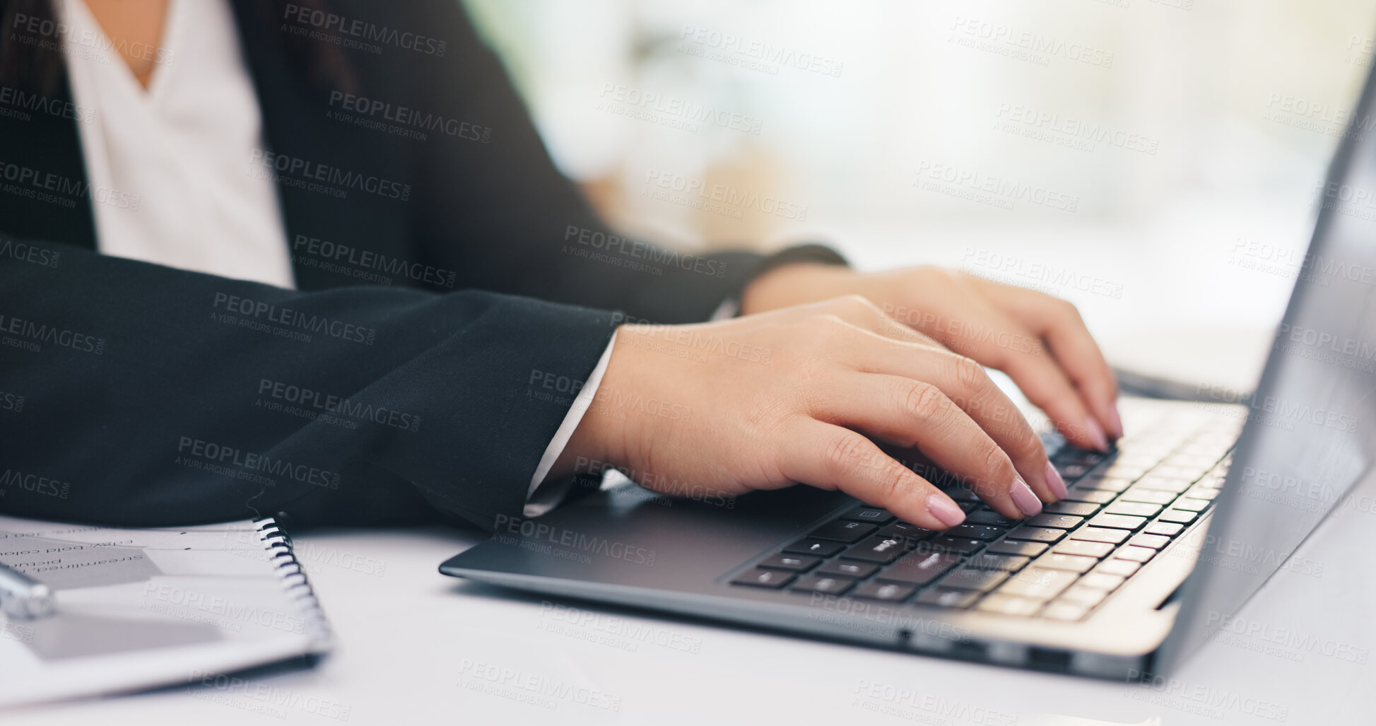 Buy stock photo Hands, employee and typing on laptop for research, finance report or payroll system. Business person, computer and online for financial review, keyboard or corporate planning in accounting office