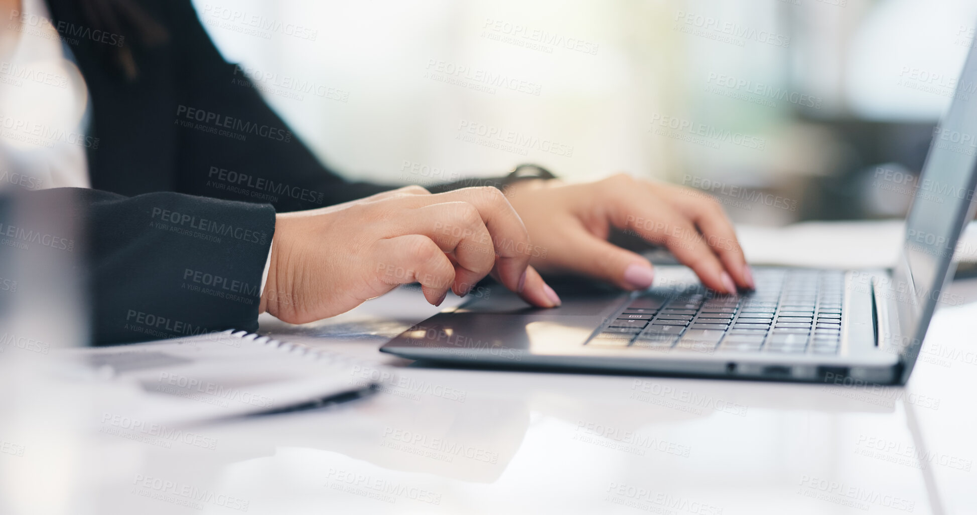 Buy stock photo Hands, keyboard and typing on laptop for research, finance report or payroll system. Business person, computer and online for financial review, touchpad or corporate planning in accounting office