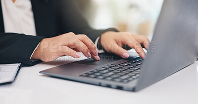 Buy stock photo Hands, business person and typing on laptop for research, finance report or payroll system. Woman, computer and online for financial review, scroll or corporate planning in accounting office