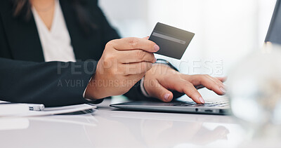 Buy stock photo Business woman, laptop and hands with credit card for payment, online shopping or virtual banking. Computer, debit and worker typing pin in office with digital money, financial purchase or investment