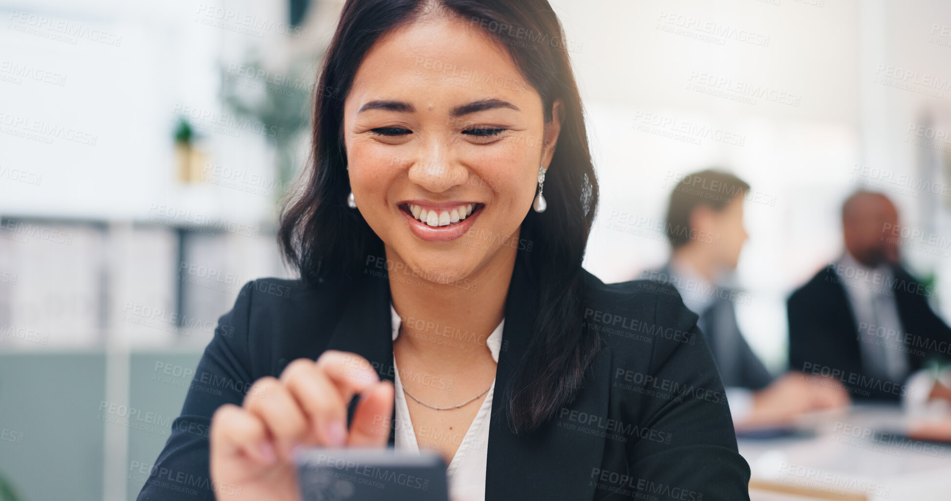 Buy stock photo Smile, phone and business woman in office for reading email, text or review budget. Mobile, workplace and happy consultant with communication app for network, coworking or financial news for economy