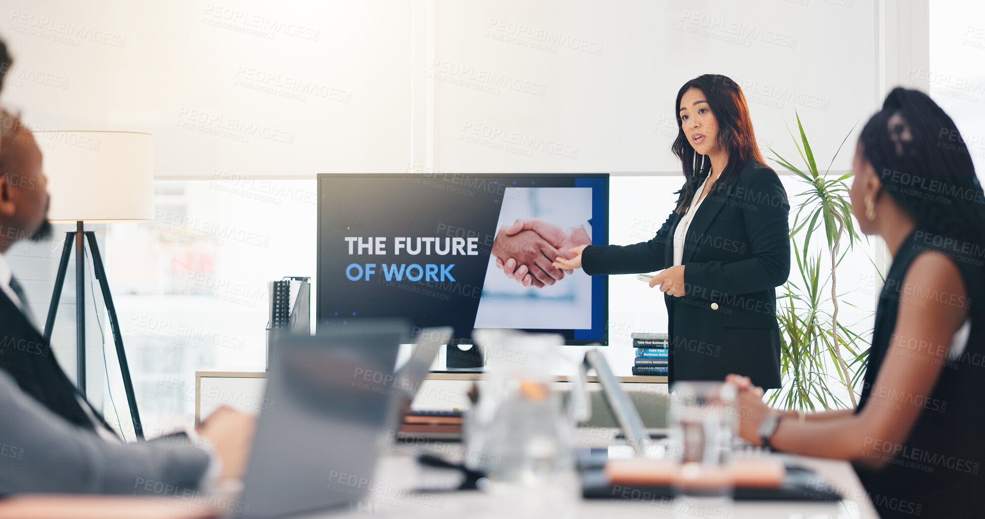 Buy stock photo Presentation, teaching and business woman in meeting for workshop, workforce future and upskill training. Planning, speaker and productivity seminar with employees in office for coaching and screen