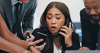 Buy stock photo Woman, multitasking and staff with phone call at office, notification and stress with group at agency. Person, business people and team with crisis, smartphone or app with chaos at insurance company