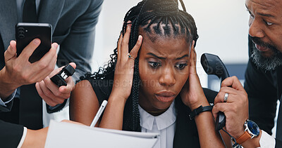 Buy stock photo Woman, multitasking and headache with phone call at office, burnout and stress with group at agency. Person, business people and team with crisis, smartphone or app with chaos at insurance company