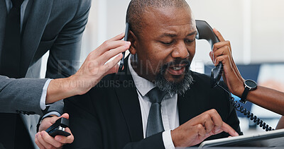 Buy stock photo Man, multitasking and staff with phone call at office, notification and stress at legal agency. Mature person, attorney and team leader with crisis, tablet and app with chaos at corporate law firm