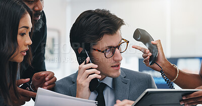 Buy stock photo Man, multitasking and chaos with phone call at office, notification and stress with group at agency. Person, business people and team with crisis, smartphone or app with tablet at insurance company