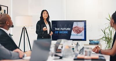 Buy stock photo Meeting, monitor and presentation with business woman in boardroom for the future of work. Computer screen, pitch and seminar with group of employee people in office for development or innovation