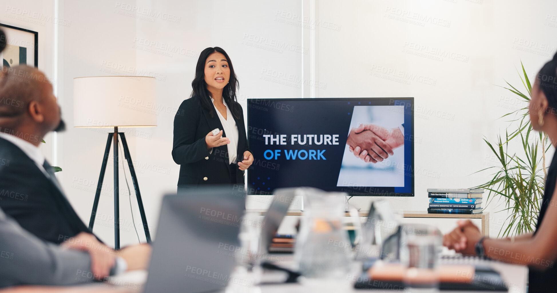 Buy stock photo Meeting, monitor and presentation with business woman in boardroom for the future of work. Computer screen, pitch and seminar with group of employee people in office for development or innovation