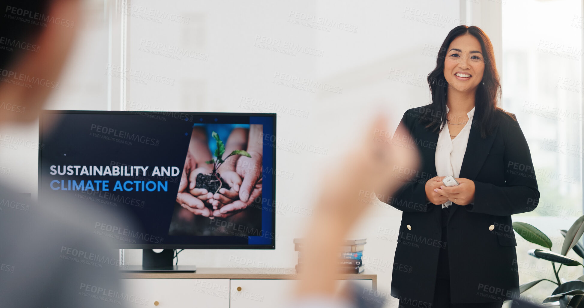 Buy stock photo Business woman, presentation and sustainability with discussion, climate change and action for environment. CSR, eco friendly problem solving and speaker by screen with goals to combat global warming