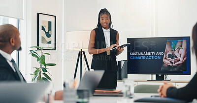 Buy stock photo Business woman, presentation and sustainability with tablet, climate change and action for environment. CSR, eco friendly problem solving and speaker by screen with goals to combat global warming