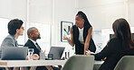 Woman, talk and meeting with staff in office for discussion, planning and ideas for proposal. Speaker, explaining and people listening for company pitch, team performance and feedback for development