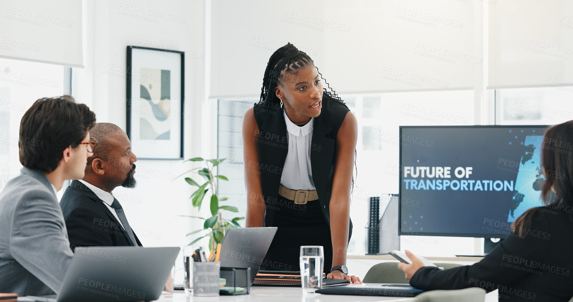 Buy stock photo Woman, presentation and tablet for transportation at office for talk, screen or electric vehicle development. Person, speaker and monitor with team, review and future for eco friendly commute system