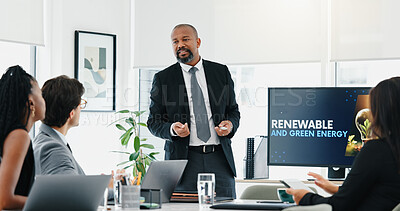 Buy stock photo Presentation, teamwork and business people in office with screen for future of transportation. Meeting, collaboration and group of innovation managers with corporate travel planning in workplace.