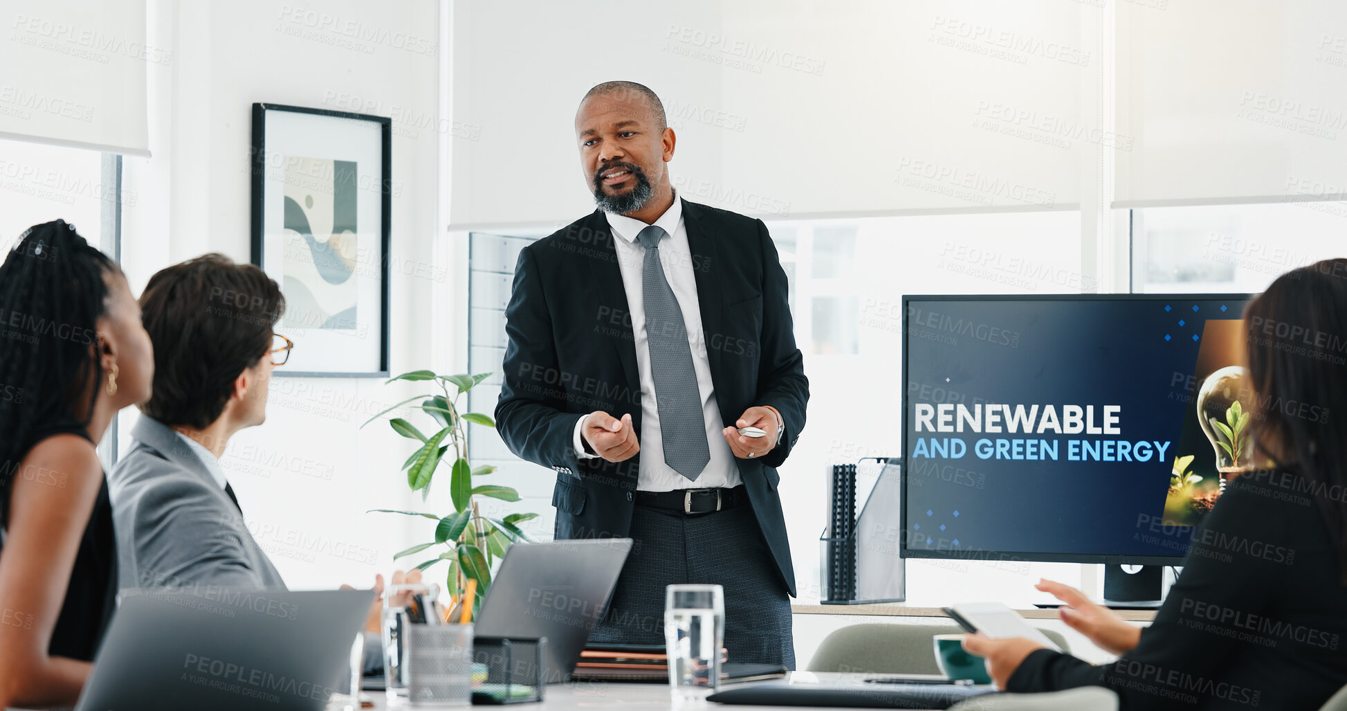 Buy stock photo Presentation, teamwork and business people in office with screen for future of transportation. Meeting, collaboration and group of innovation managers with corporate travel planning in workplace.