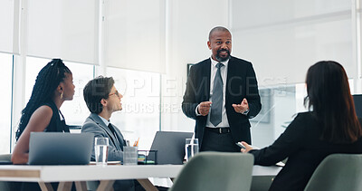 Buy stock photo Meeting, collaboration and business people in office with presentation for planning finance report. Discussion, teamwork and group of financial managers with investment proposal in workplace.