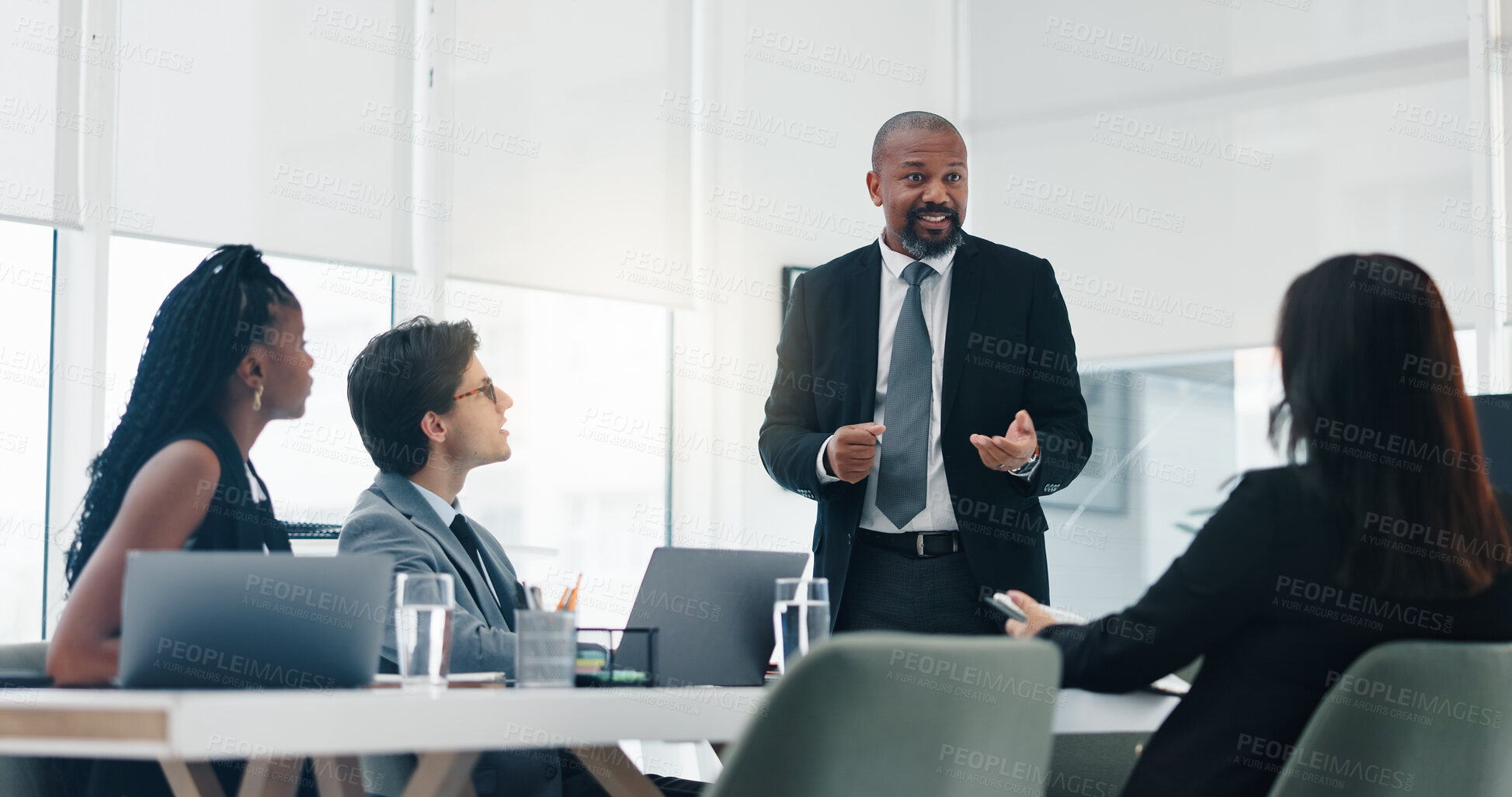 Buy stock photo Meeting, collaboration and business people in office with presentation for planning finance report. Discussion, teamwork and group of financial managers with investment proposal in workplace.