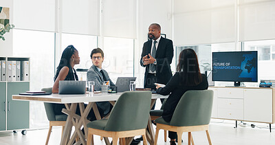 Buy stock photo Meeting, collaboration and business people in office with screen for future of transportation. Presentation, teamwork and group of innovation managers with corporate travel planning in workplace.